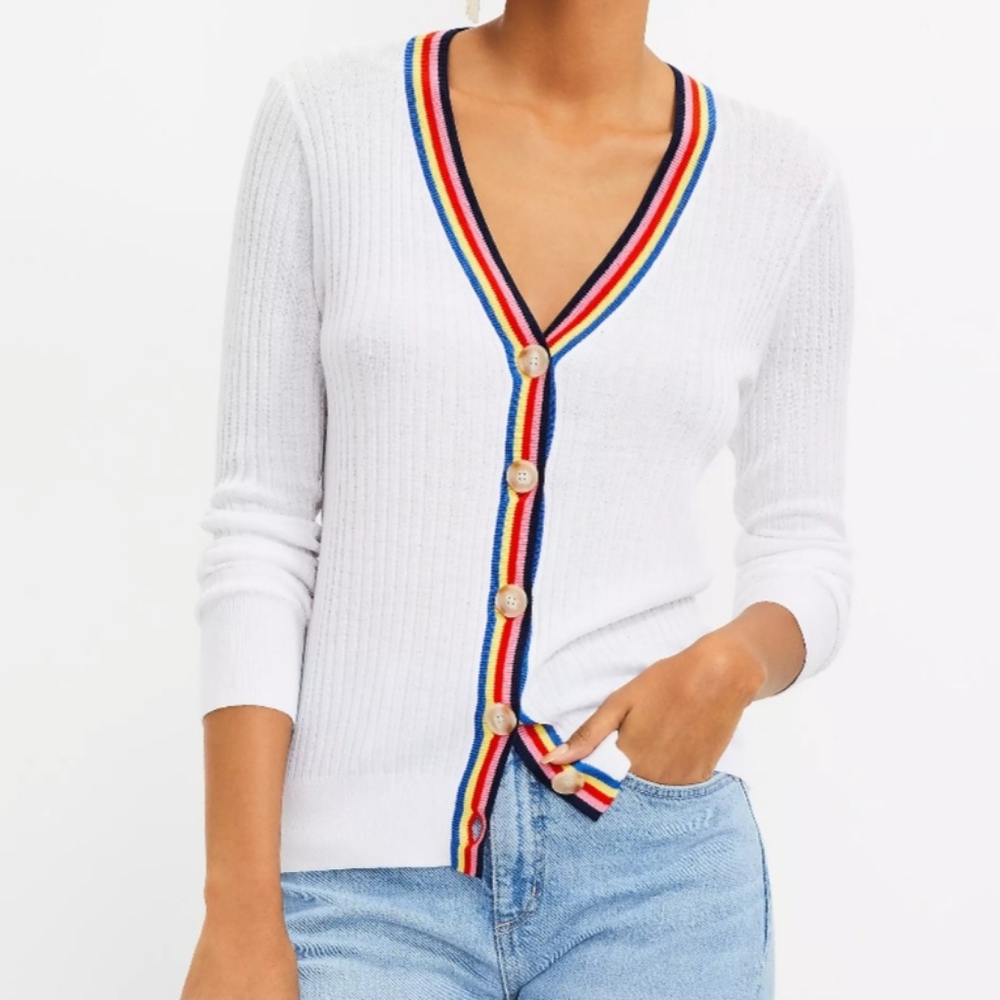 Loft Rainbow Trim Ribbed V-Neck Cardigan Size S